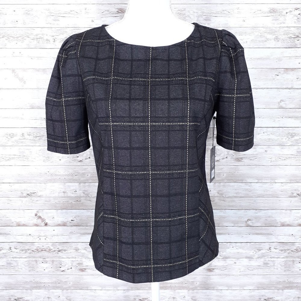 Vince Camuto Plaid Top S Short Sleeved Umbra Forest 790